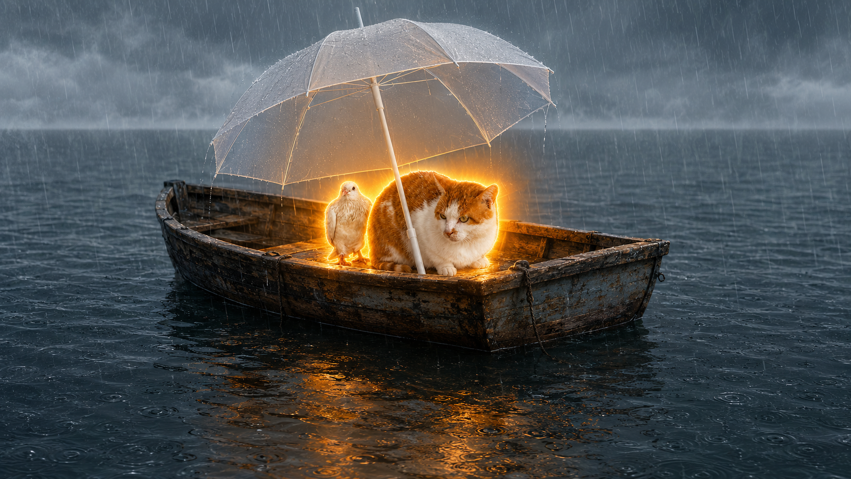 A glowing cat and pigeon sharing an umbrella in a fishing boat during rain